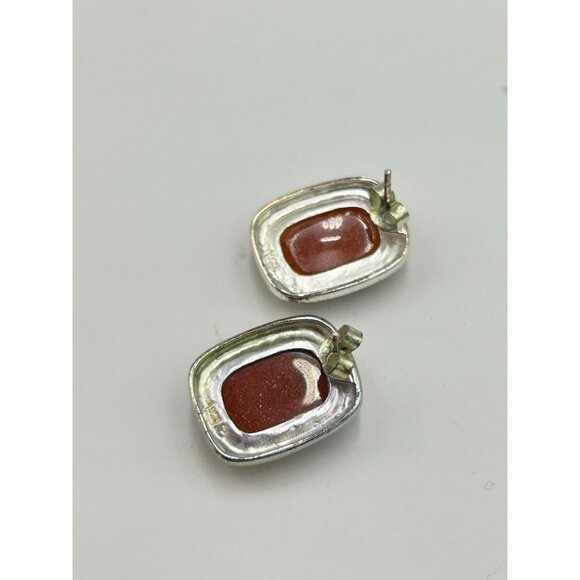 Vintage Goldstone & Sterling Silver Stud Earrings Pierced Retangular Studs - Picture 3 of 7